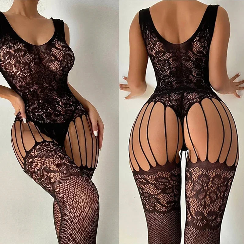 Women's Sexy Lingerie Bra Set Erotic Crotchless Underwear Fishnet Bodysuit Transparent Mesh Hollow Bodystockings Adult Underwear