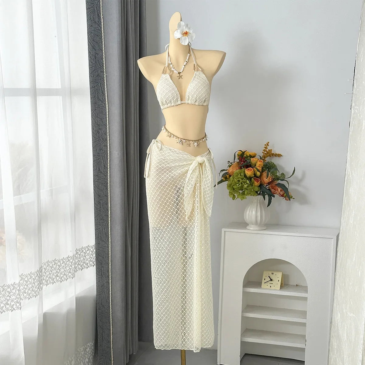 Vintage Beige Black Mesh Skirt 3 Piece Bikini Set 2026 Women Metal Chain Strap Push Up Bra Swimsuit Beach Bathing Suit Swimwear