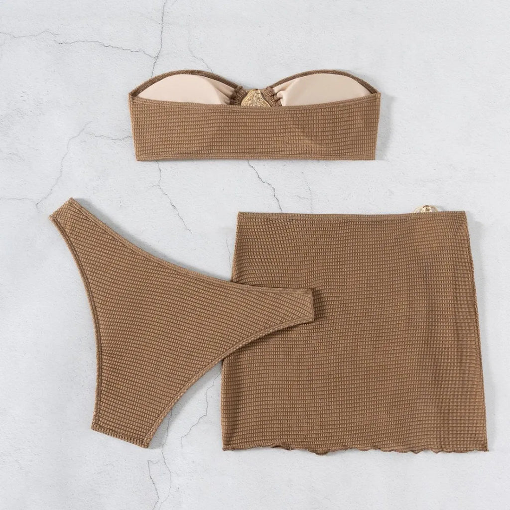2026 New Sexy Bandeau Bikini Women Metal Water Droplet Ornament Push Up Mesh Skirt 3 Piece Swimsuit Beach Bathing Suit Swimwear