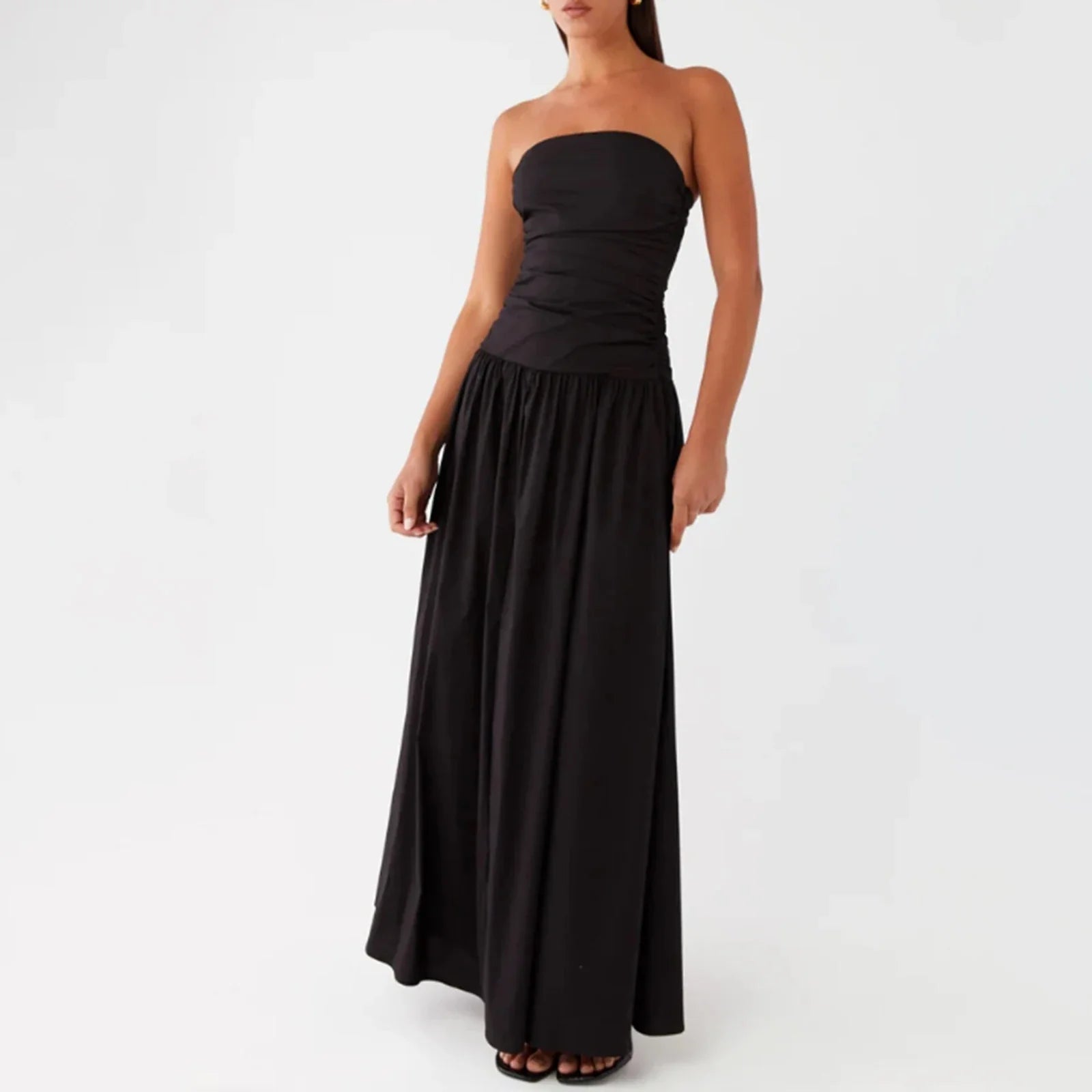 Elegant Strapless Maxi Tube Dress Women Ruched Long Sundress Boat Neck Sleeveless Strapless Flowy Dresses Party Clubwear