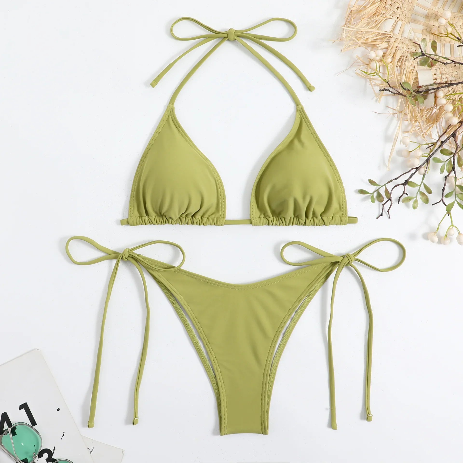 Sexy Brown Bikini 2026 Women Solid Red Halter Push Up Bra Tie Side Triangle Swimsuit Summer Bathing Suit Lace Up Micro Swimwear