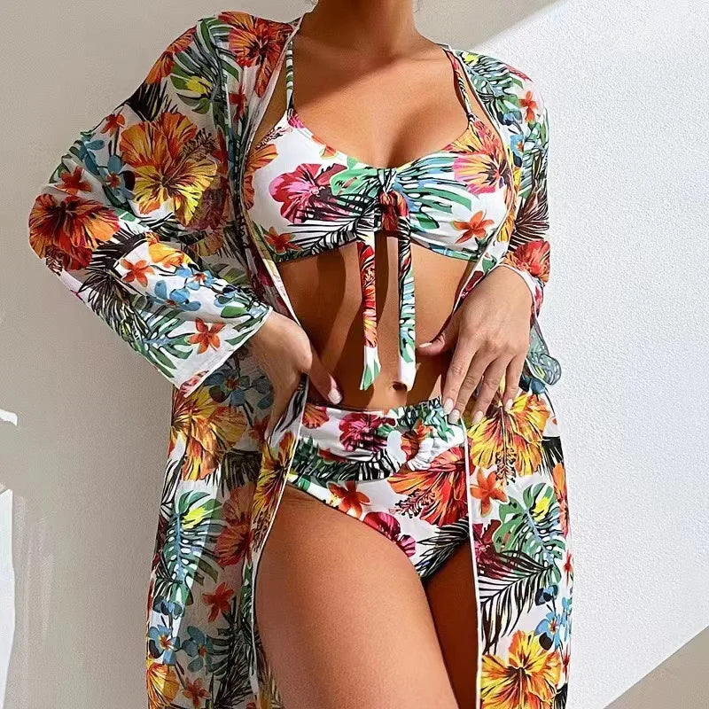 2024 Luxury Sexy High Waisted Bikini Three Pieces Floral Printed Swimsuit Women Bikini Set With Mesh Long-Sleeved Blouse Female
