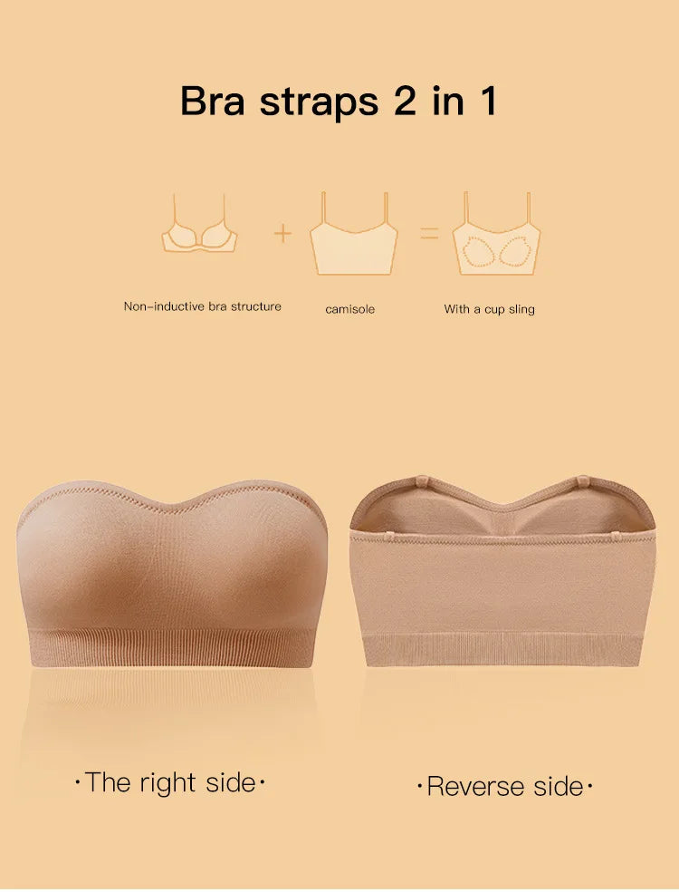 Women's Strapless and Wire-free Bandeau Bra with Full Cup Thin Mold Padding Non-slip Silicone Seamless Bra Plus Size Underwear