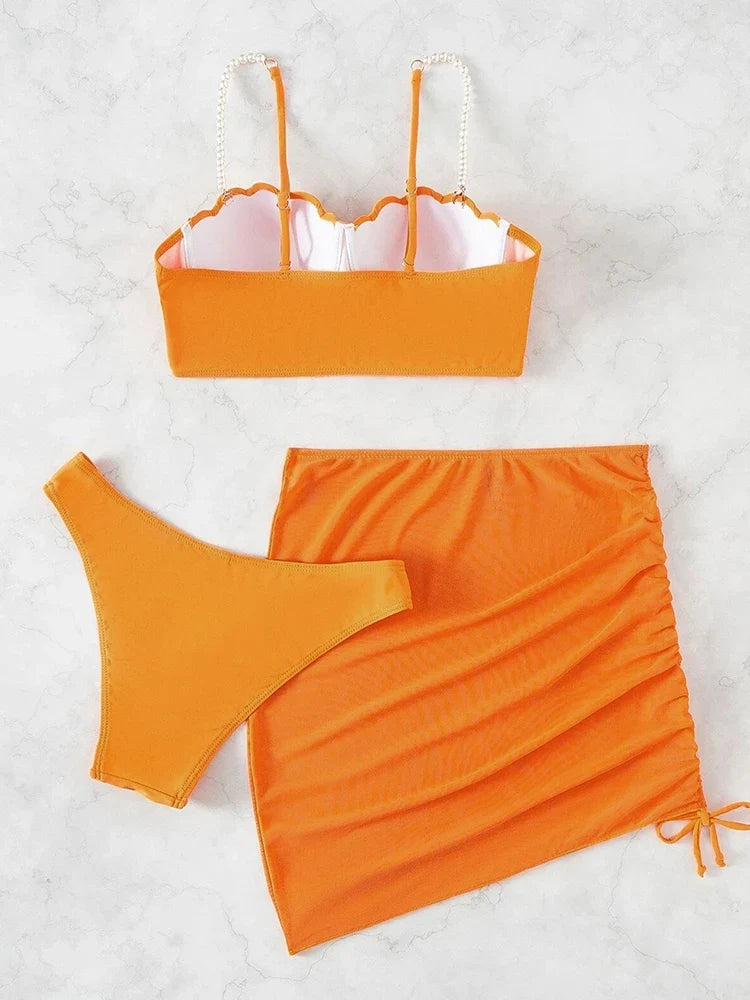2024 New Sexy 3 Piece Bikinis Set Women Swimsuit with Skirt Swimwear Female Push Up Bikini Beachwear Faux Pearl Bathing Suit