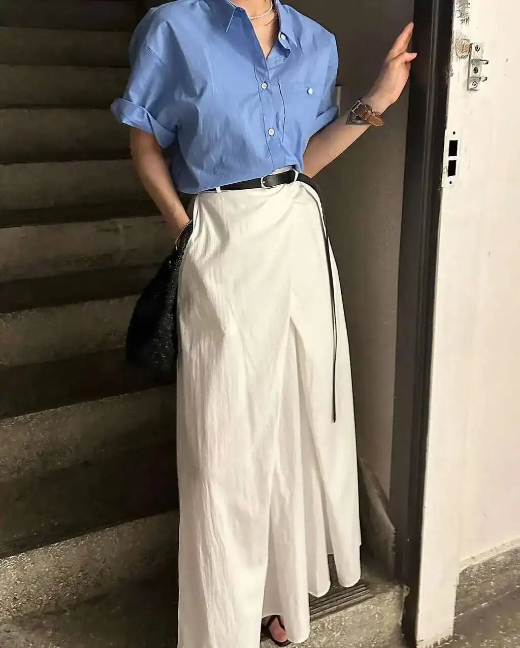 Loose Knee-Length A-Line Skirt Versatile Minimalist Design Commute High Waist Midi Pure Color Polyester Fiber Skirt WDM4
