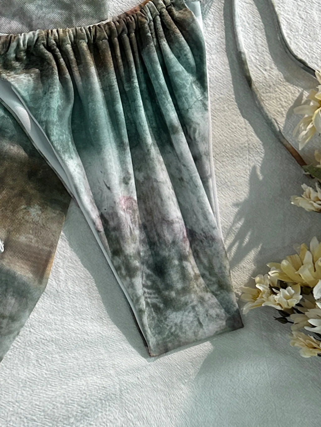 Vintage Green Tie Dye Gradient Bikini Set 2026 Women Pearls Push Up Bra Cover Up 3 Piece Swimsuit Bathing Suit Holiday Swimwear