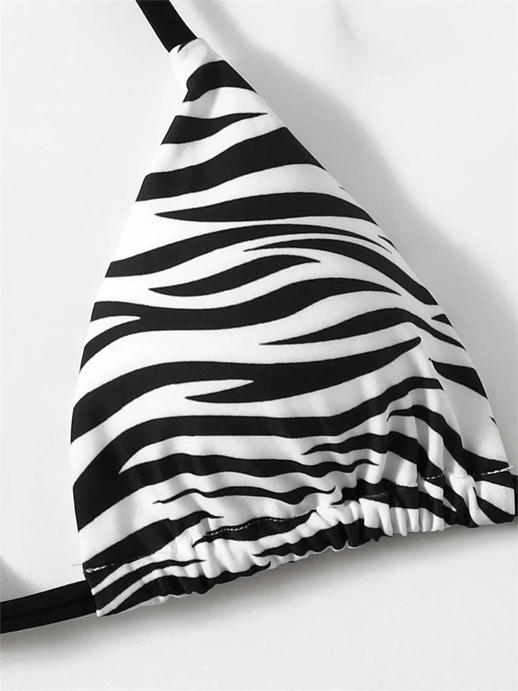 Sexy Zebra Striped Bikini Women Halter Push Up Triangle Swimsuit Brazilian Summer Bathing Suit Micro Swimwear 2025 Swimming Suit