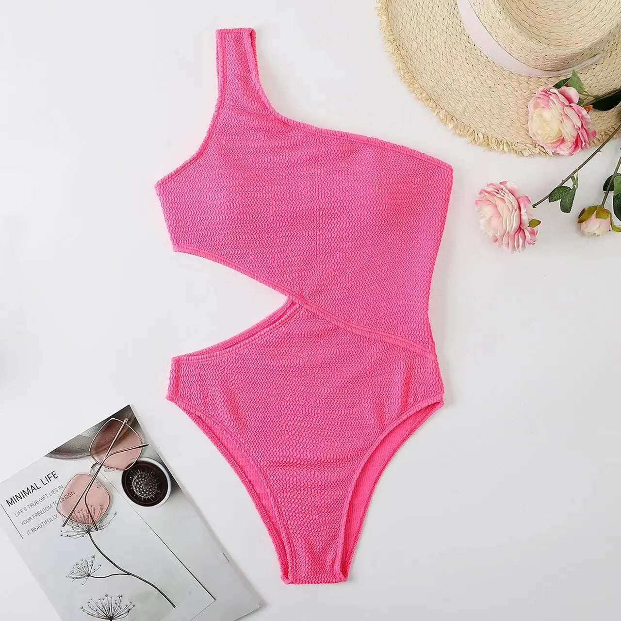 2024 New One Shoulder Women's Swimsuit One Piece Cut Out Sexy Swimwear Women Textured Monokini Solid Bathing Suit Beach Wear