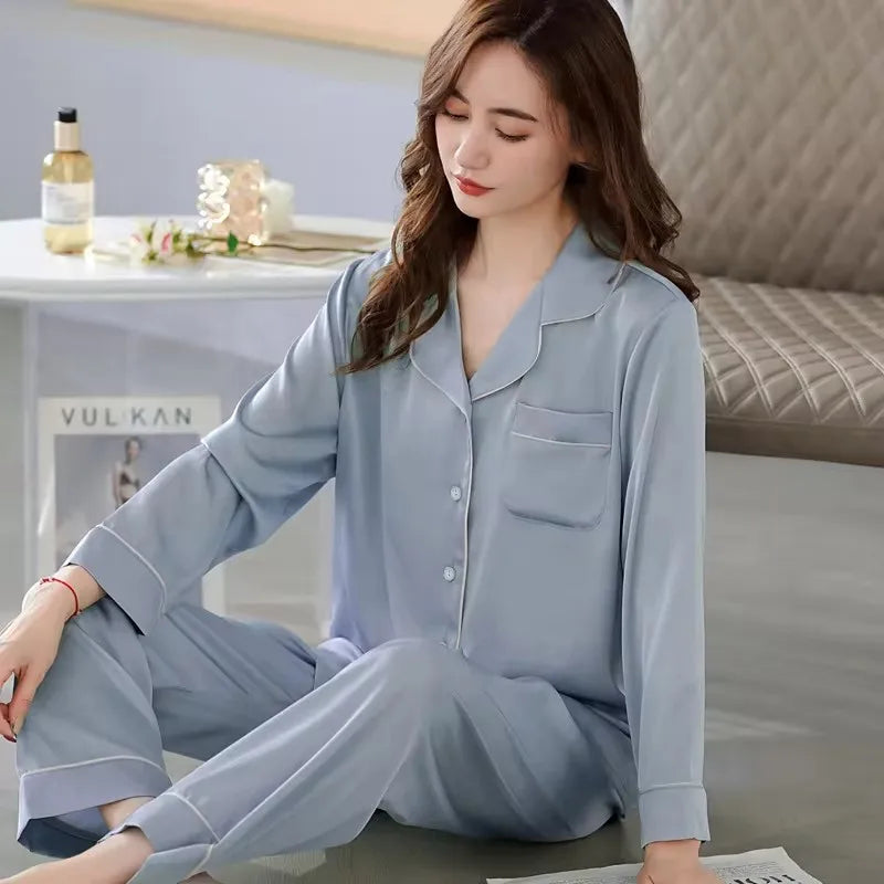 High Quality Ice Silk Light Luxury Pajamas Women's Pajama Spring and Autumn Style Long Sleeve Home Set Satin Nightwear Sleepwear