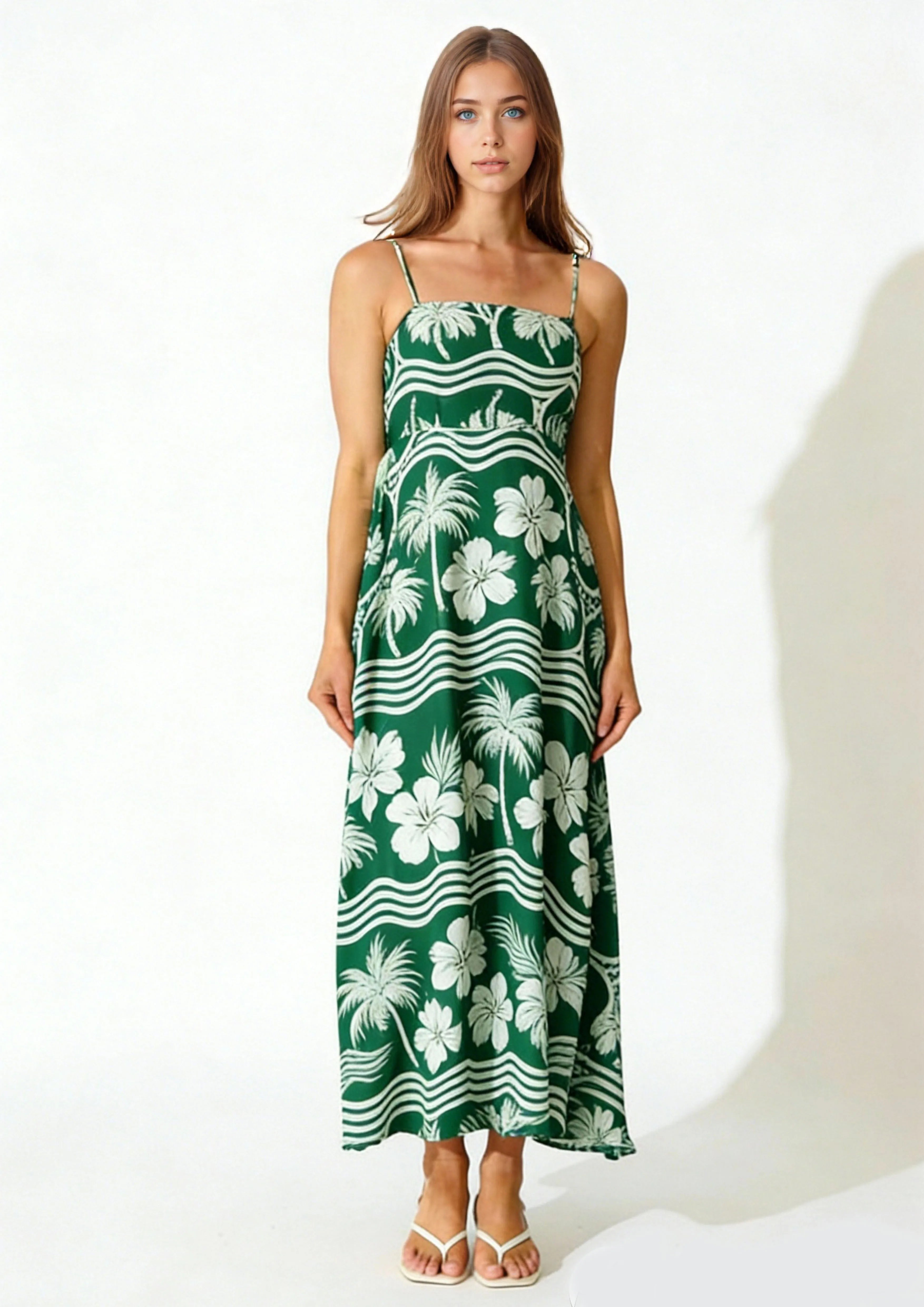 Women Floral Geometric Neck Long Party Dress Fashion Sleeveless Spaghetti Strap Dress Fashion Vacation Cocktail Flowy Sun Dress