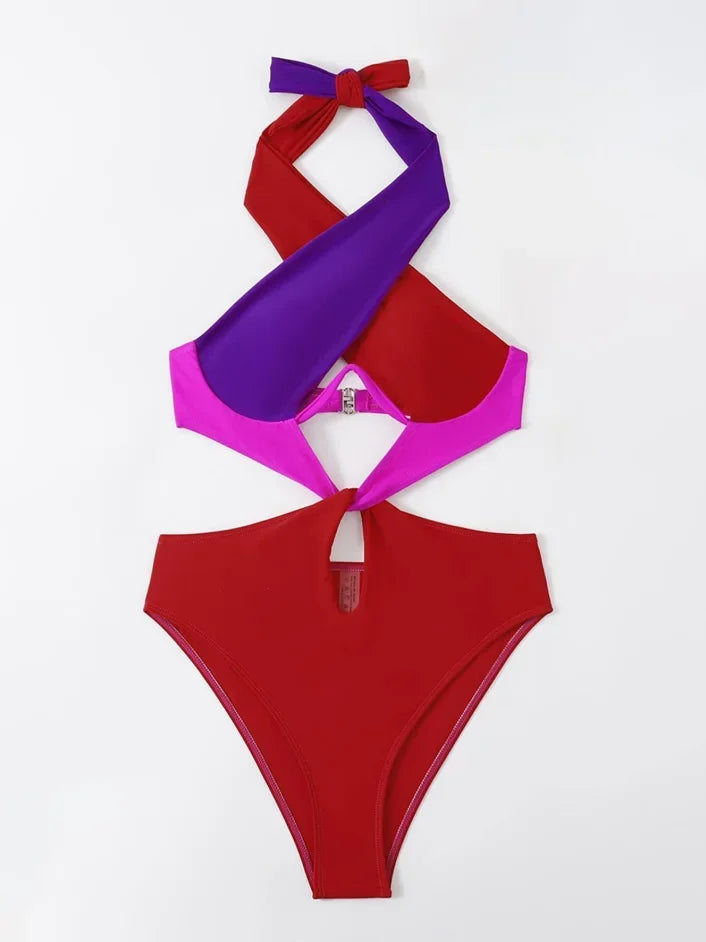 Sexy Constrast Color Swimwear Women Halter Cross Underwire Cut Out One Piece Swimsuit Bathing Suit Hot Pink Patchwork Bikini