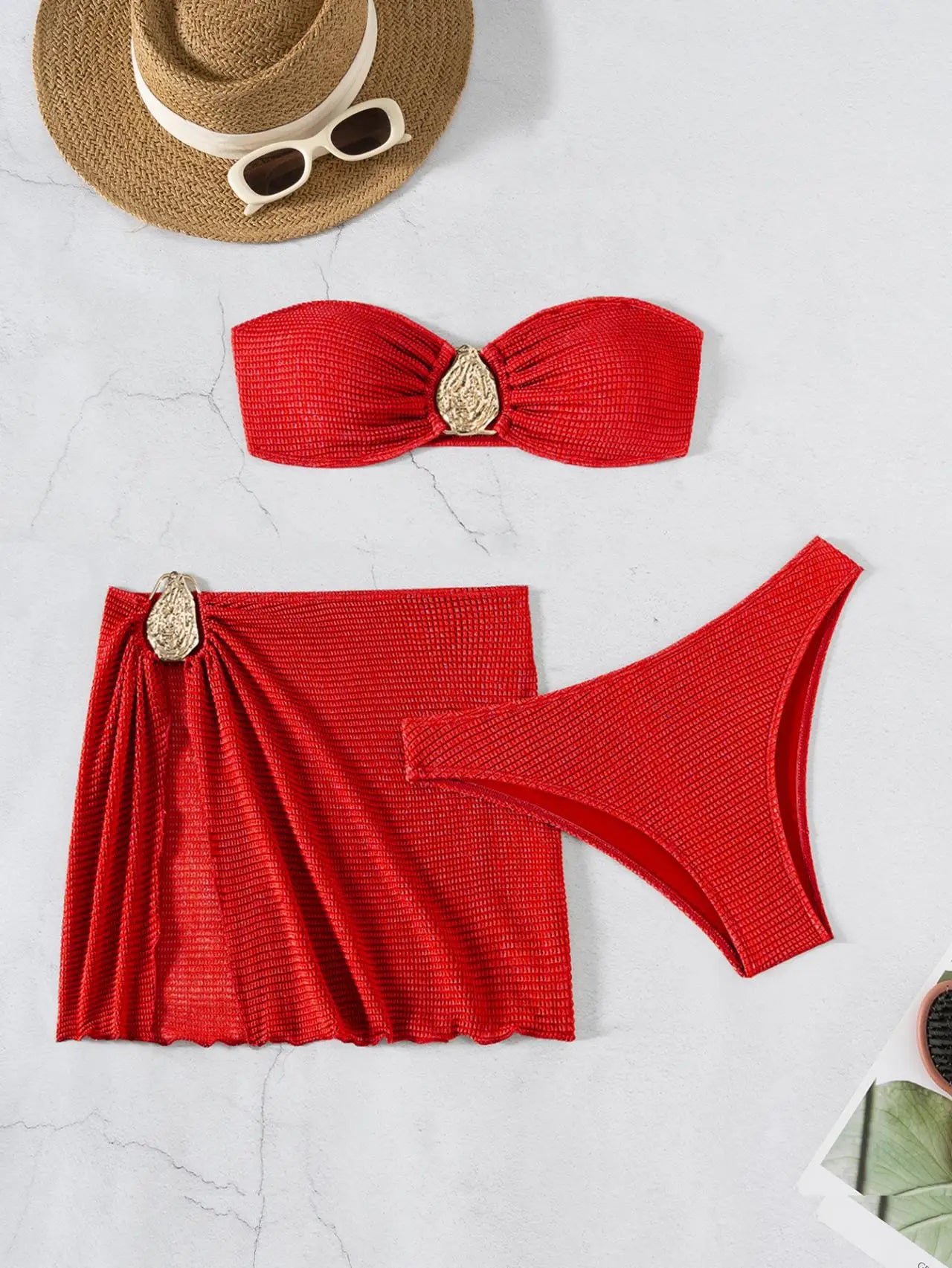 2026 New Sexy Bandeau Bikini Women Metal Water Droplet Ornament Push Up Mesh Skirt 3 Piece Swimsuit Beach Bathing Suit Swimwear