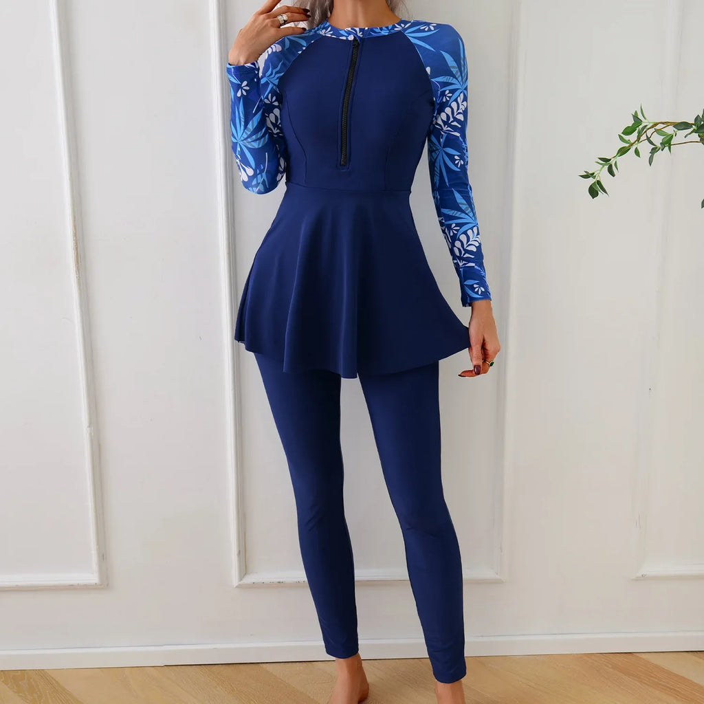 Muslim Swimwear Burkini Sets for Women Black Floral Print Zipper Long Sleeve Top Long Panties Sports Swimsuit Bathing Suit