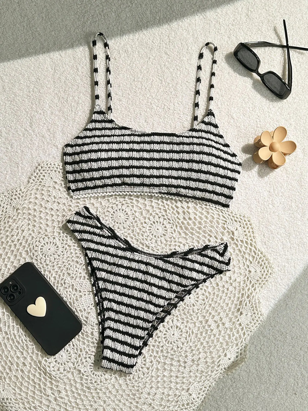 Sexy Black Striped Bikinis 2025 Women Halter Pleate Push Up Micro Swimsuit Brazilian Beach Bathing Suit Holiday Thong Swimwear