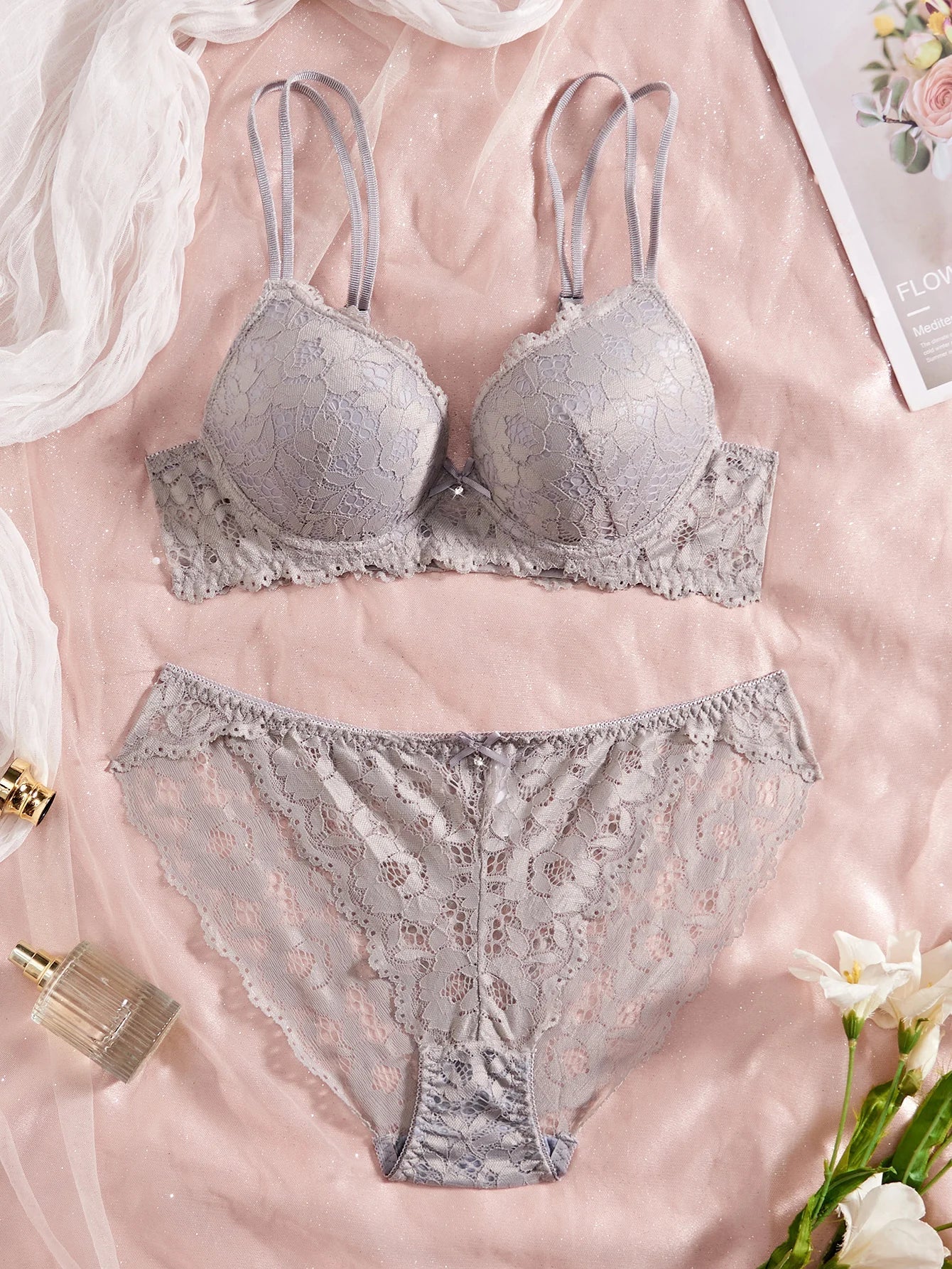 Women's Sexy Lingerie Set Lace Patchwork Solid Color Bowknot Rhinestone Embellished Push-Up Double Shoulder Strap Unlined Comfortable Underwear, Lace Semi-Transparent Breathable Panties