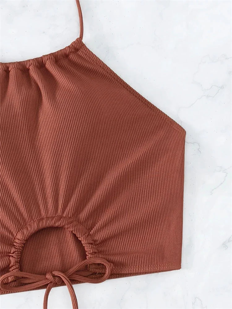 Sexy Ring Linked Pleate Bikini Set Women Brown Cut Out Push Up Two Piece Swimsuit 2024 Bathing Suit High Waist Panties Swimwear