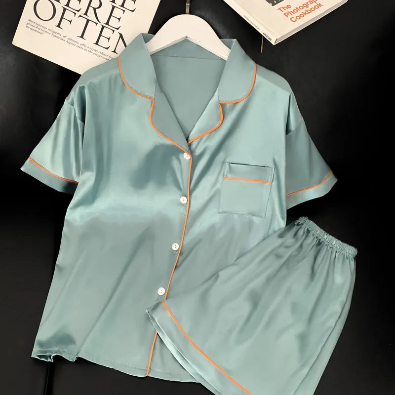 Sweet Simple Ice Silk Pajamas for Women  Thin Short-sleeved Home Clothes Suit Nightwear Women's Pajamas Set Nightie Summer