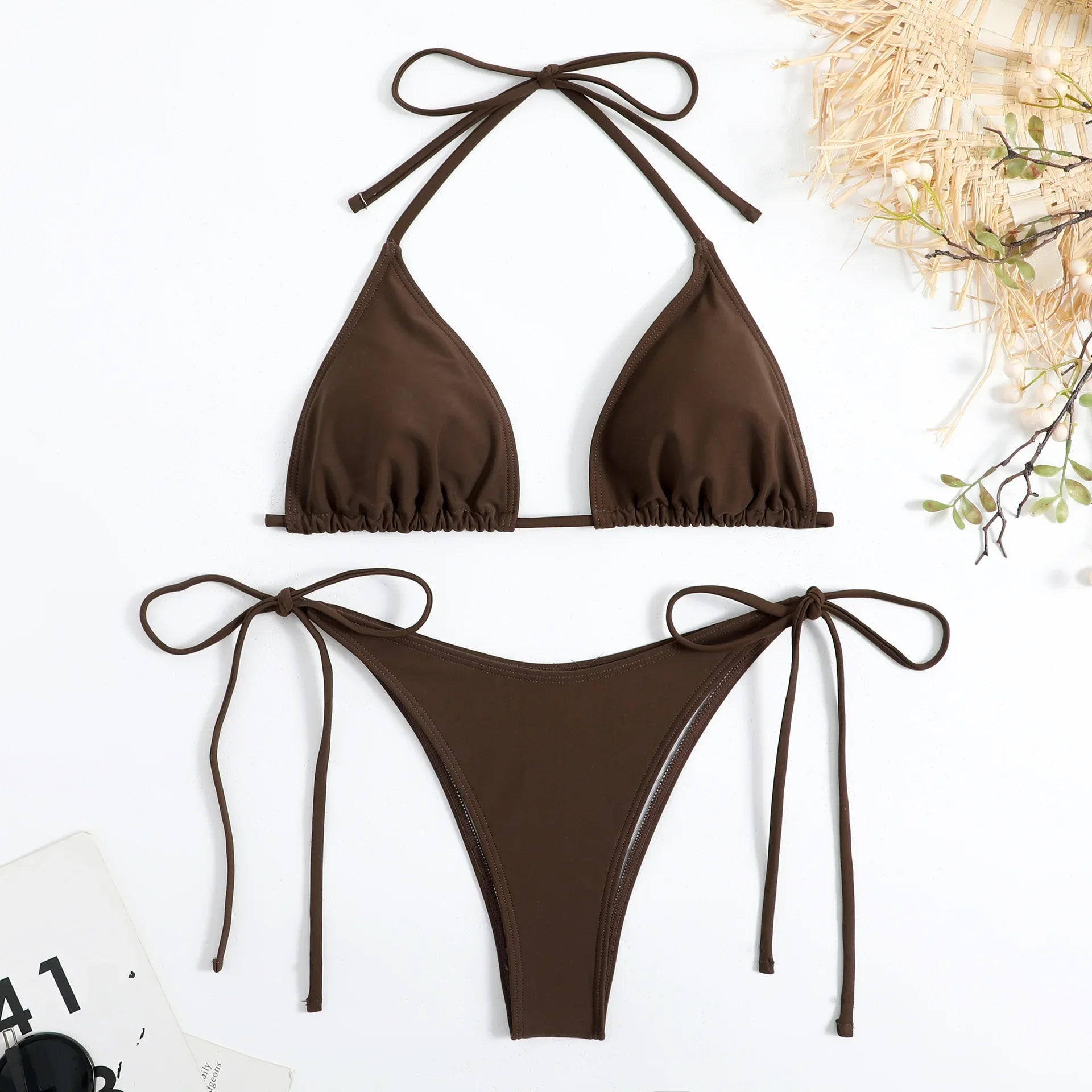 Sexy Brown Bikini 2026 Women Solid Red Halter Push Up Bra Tie Side Triangle Swimsuit Summer Bathing Suit Lace Up Micro Swimwear