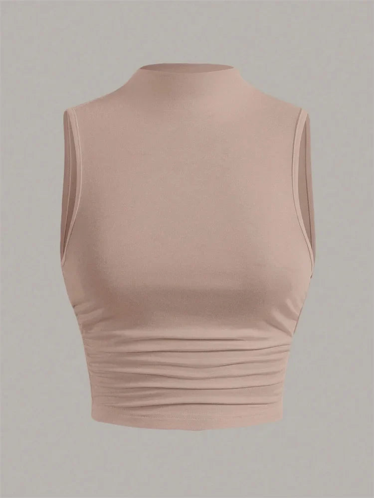 Casual Mock Neck Sleeveless Tank Top for Women Summer Sexy Solid Color Slim Fit Stand Collar Crop Top Streetwear 2024