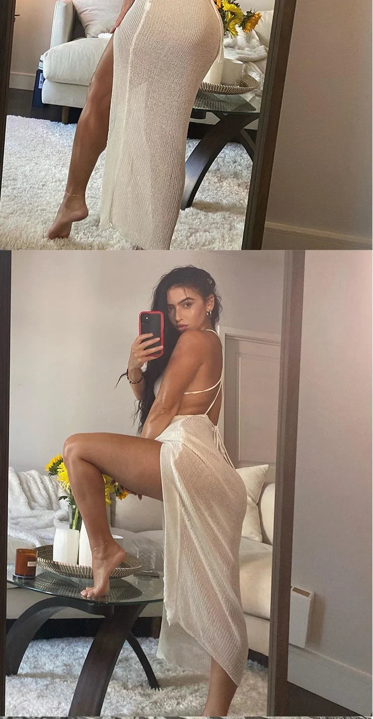 2023 New Crochet Beach Maxi Dress for Women See Through Sexy Bikini Plunge Backless Bandage Sleeveless Lacing Split Long Dresses