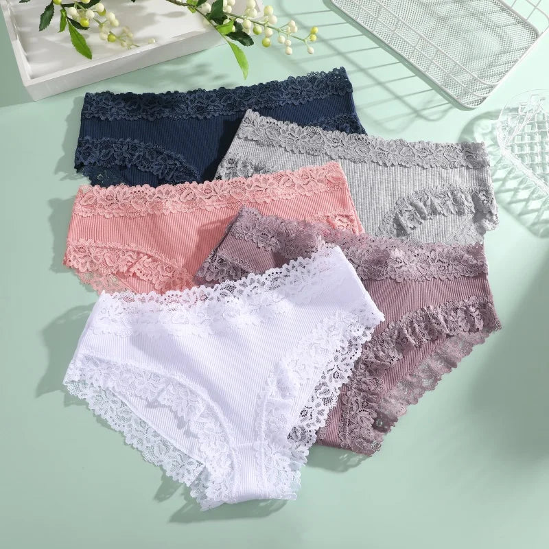 5PCS/Set Women Cotton Panties Sexy Lace Low Waist Briefs Stretch Comfortable Ladies Underwear Soft Breathable Intimate Lingerie