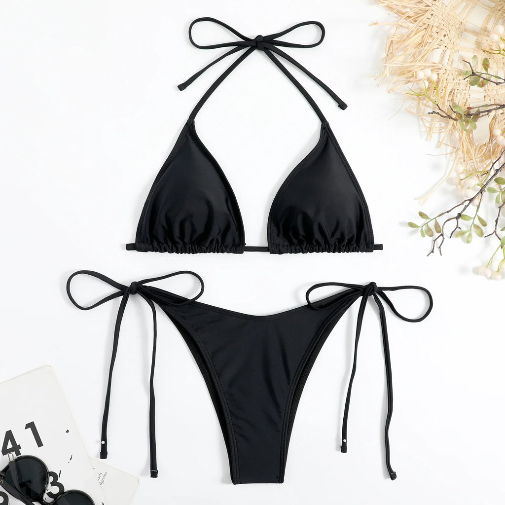 Sexy Brown Bikini 2026 Women Solid Red Halter Push Up Bra Tie Side Triangle Swimsuit Summer Bathing Suit Lace Up Micro Swimwear