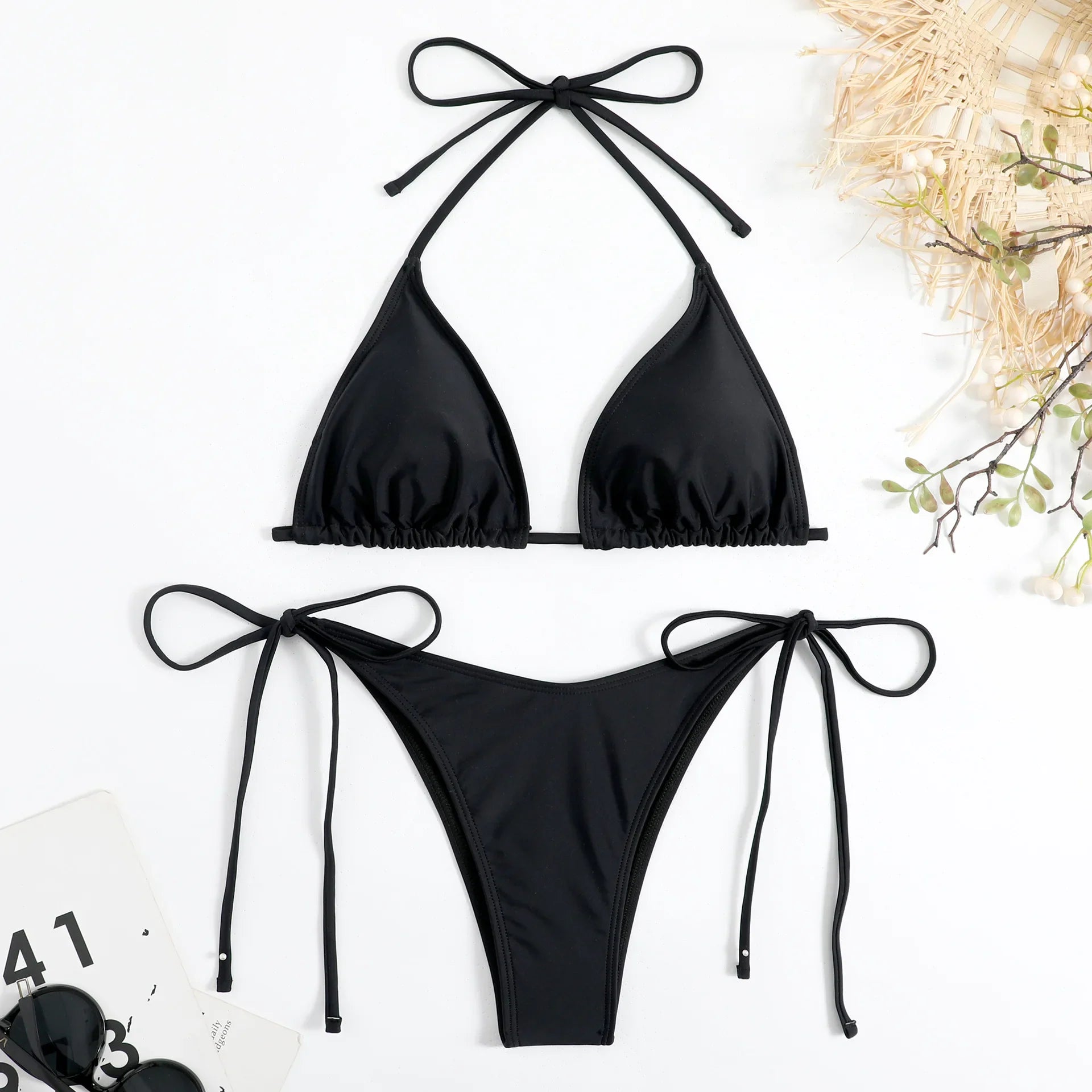 Sexy Brown Bikini 2026 Women Solid Red Halter Push Up Bra Tie Side Triangle Swimsuit Summer Bathing Suit Lace Up Micro Swimwear