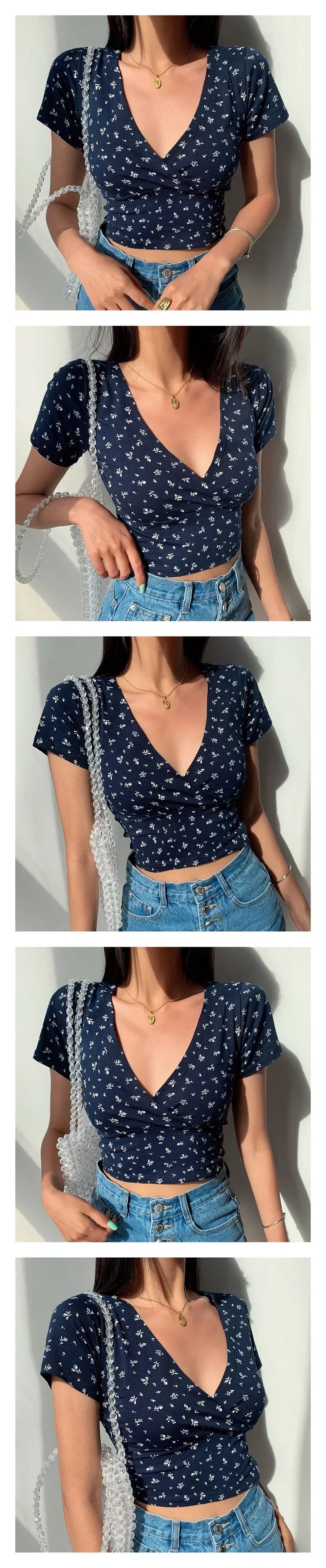 Summer French retro floral V-neck short-sleeved T-shirt Slim slimming wild high waist T-shirt women's top