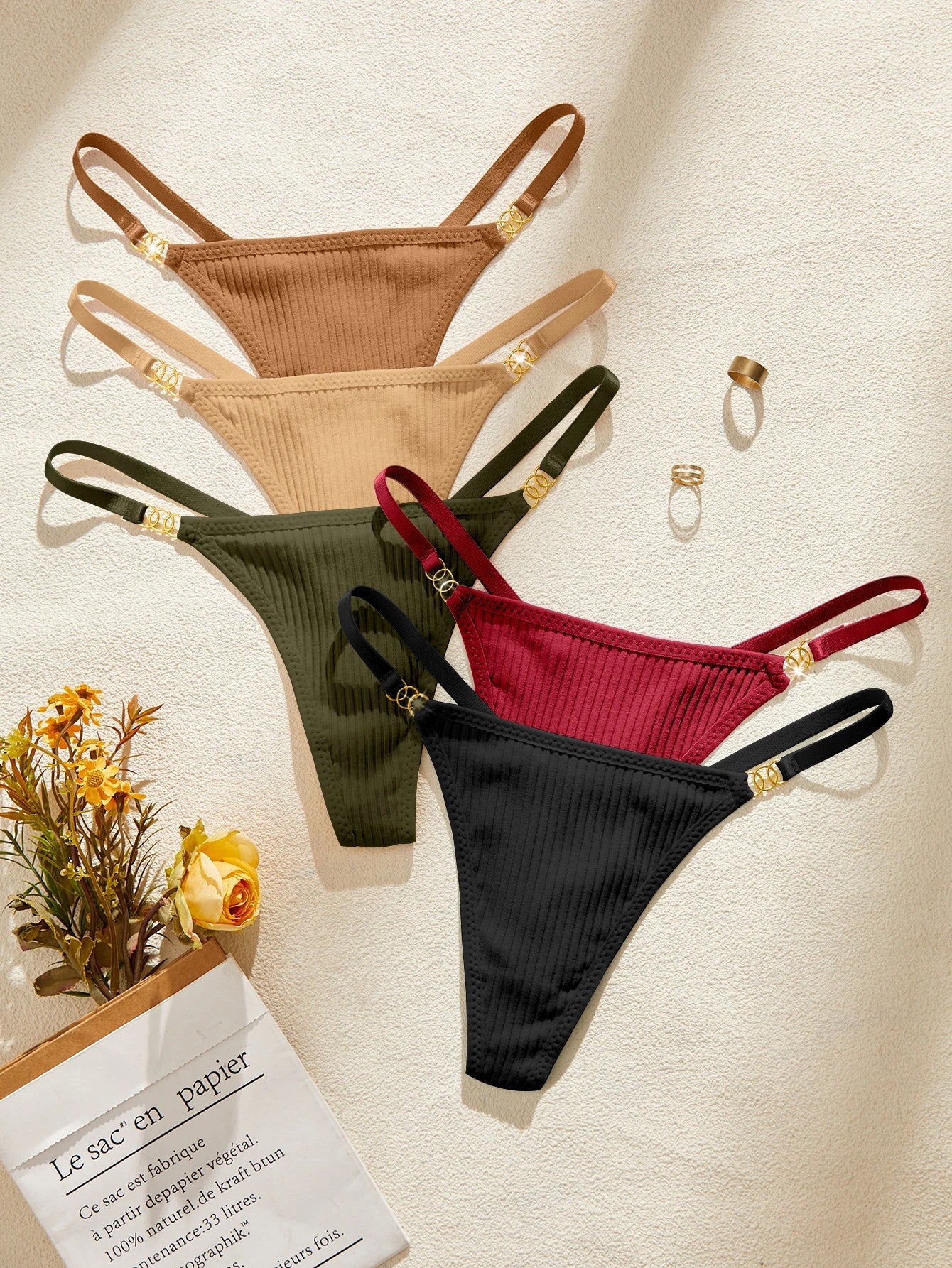 5Pcs/Set Sexy Women Panties Solid Ribbed G‑String Thong Metal Ring Soft Female Sexy Lingerie Underwear