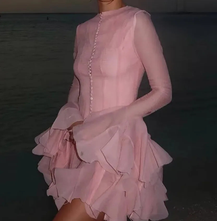 Women's Fashion Ruffled Hem Patchwork Short Dress Blush Pink Ruffled Mini Dress For Women Sleeves Front Button Hem Fashion T0PU