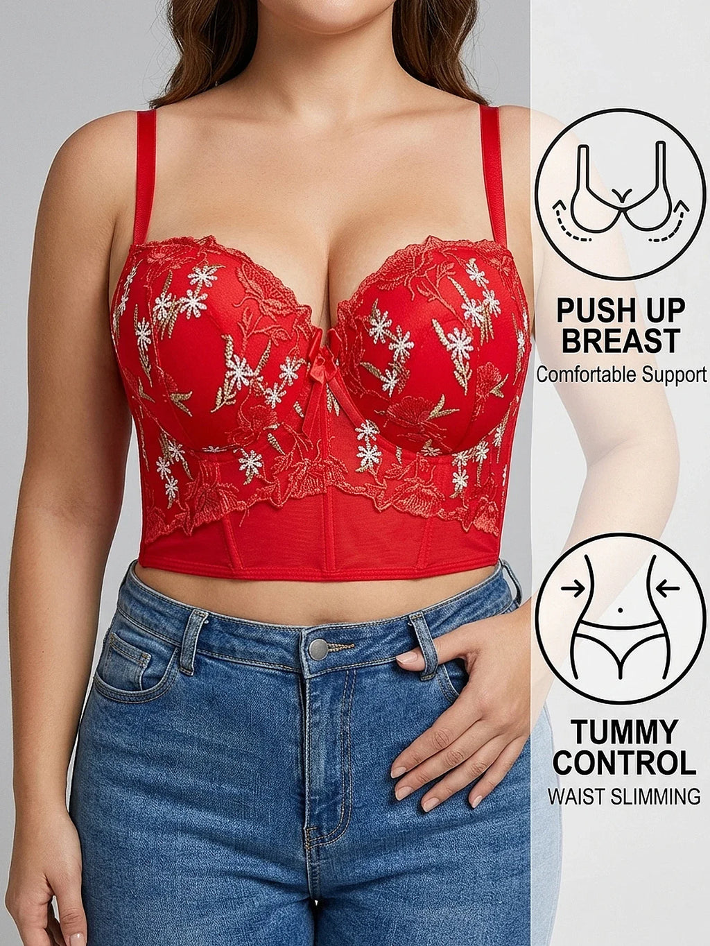 Plus Size Floral Embroidered Lace Bustier Bra – Push Up, Tummy Control & Non-Slip Corset Top