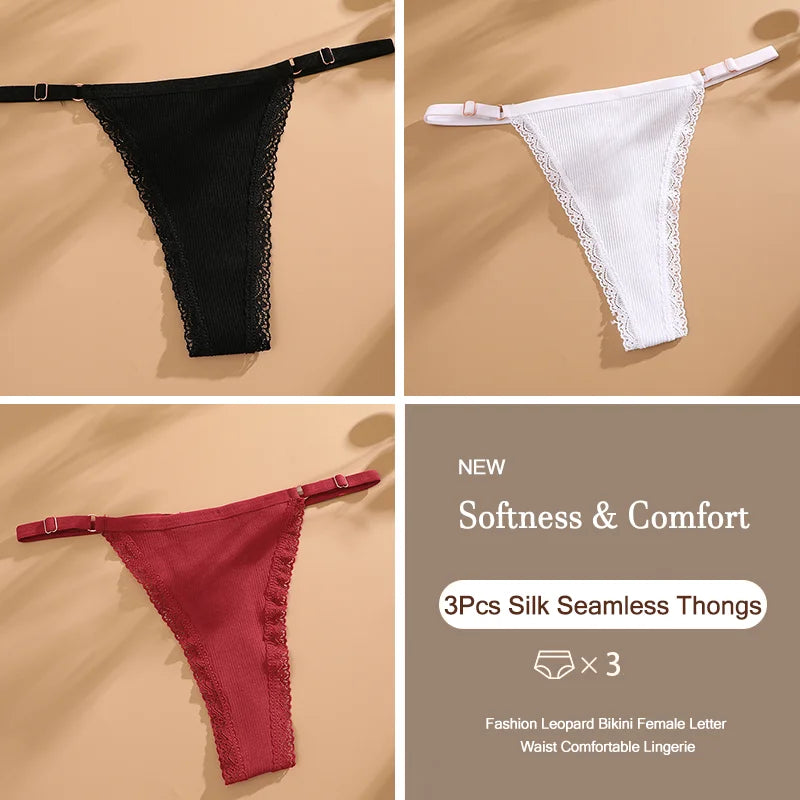 3Pcs G-String Cotton Sexy Women Thongs Adjustable Belt Seamless Panties Breathable Low Waist Lingerie Female Soft Solid Color