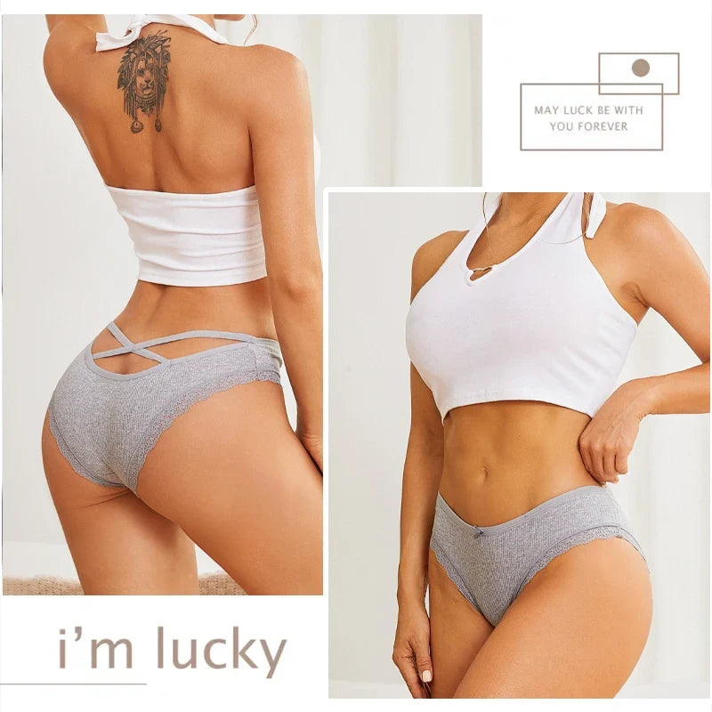 3PCS/Set Women Cotton Panties Low Waist Sexy Lace Brazilian Briefs Female Cross Webbing Underpants Soft Breathable Lingerie S-XL