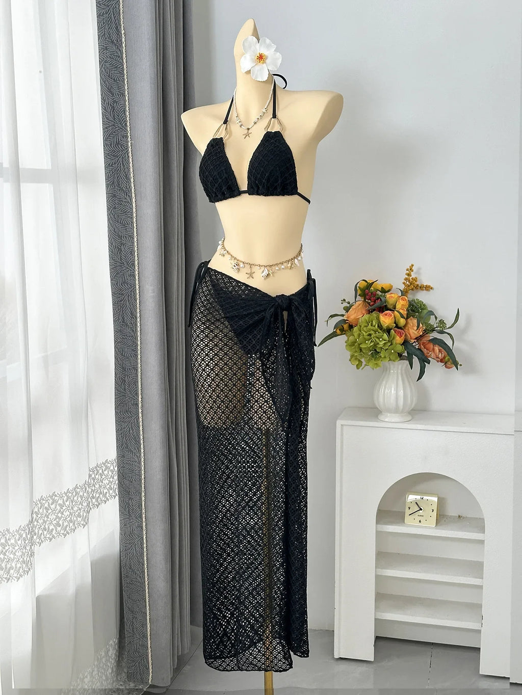Vintage Beige Black Mesh Skirt 3 Piece Bikini Set 2026 Women Metal Chain Strap Push Up Bra Swimsuit Beach Bathing Suit Swimwear