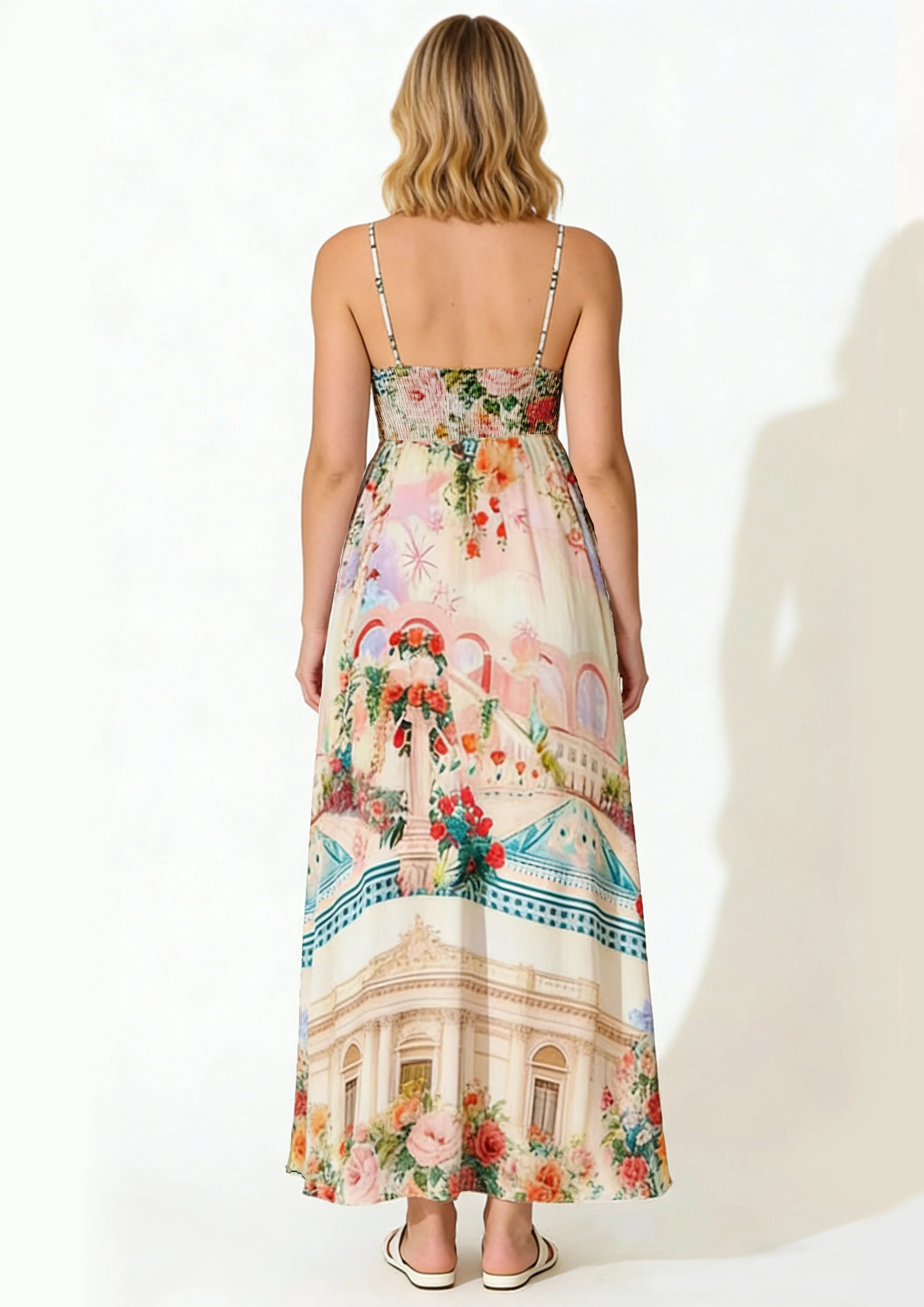 Women Floral Geometric Neck Long Party Dress Fashion Sleeveless Spaghetti Strap Dress Fashion Vacation Cocktail Flowy Sun Dress