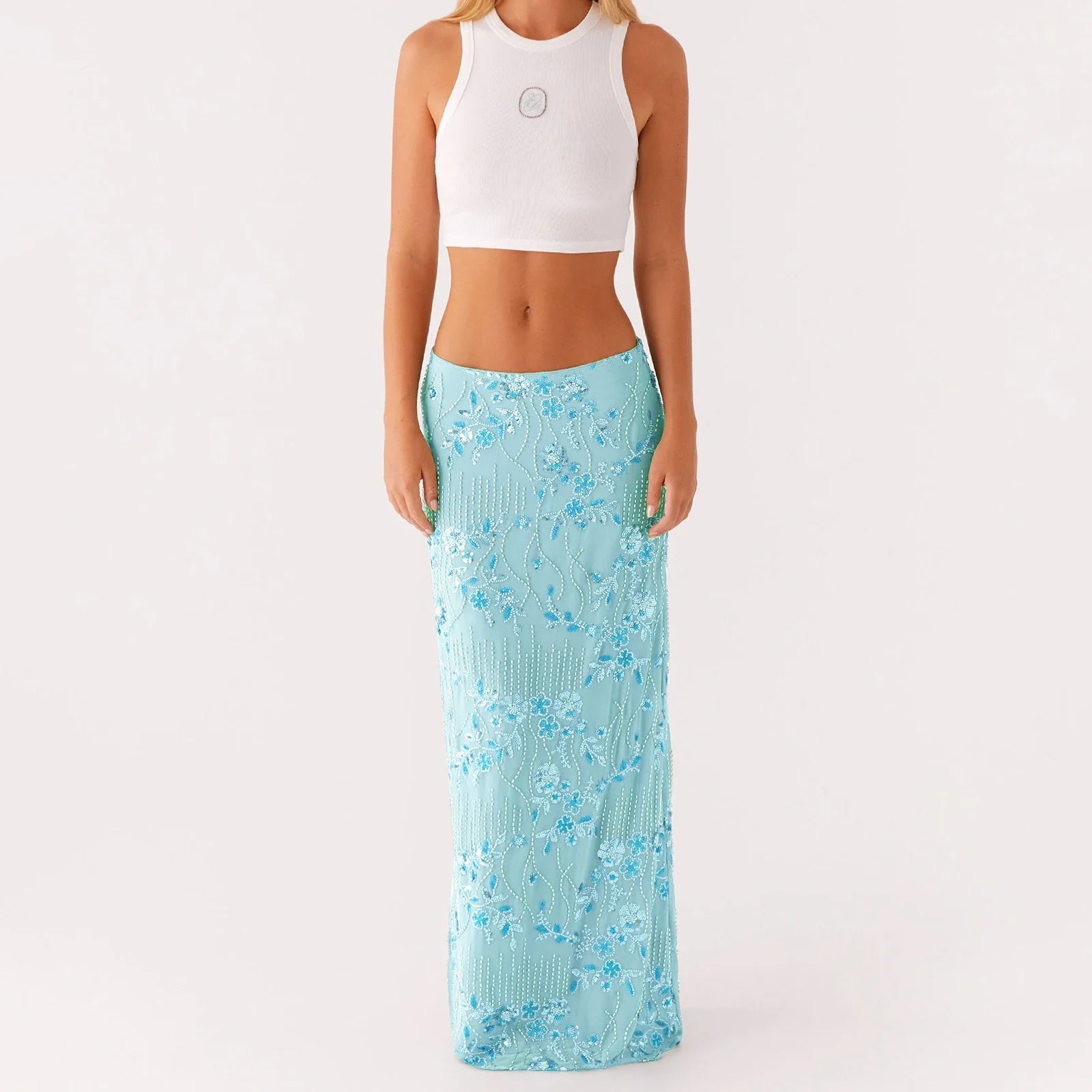Elegant Beading Sequined Long Skirt for Women Summer Casual Floral Embroidery Maxi Straight Skirts for Beach Club Streetwear