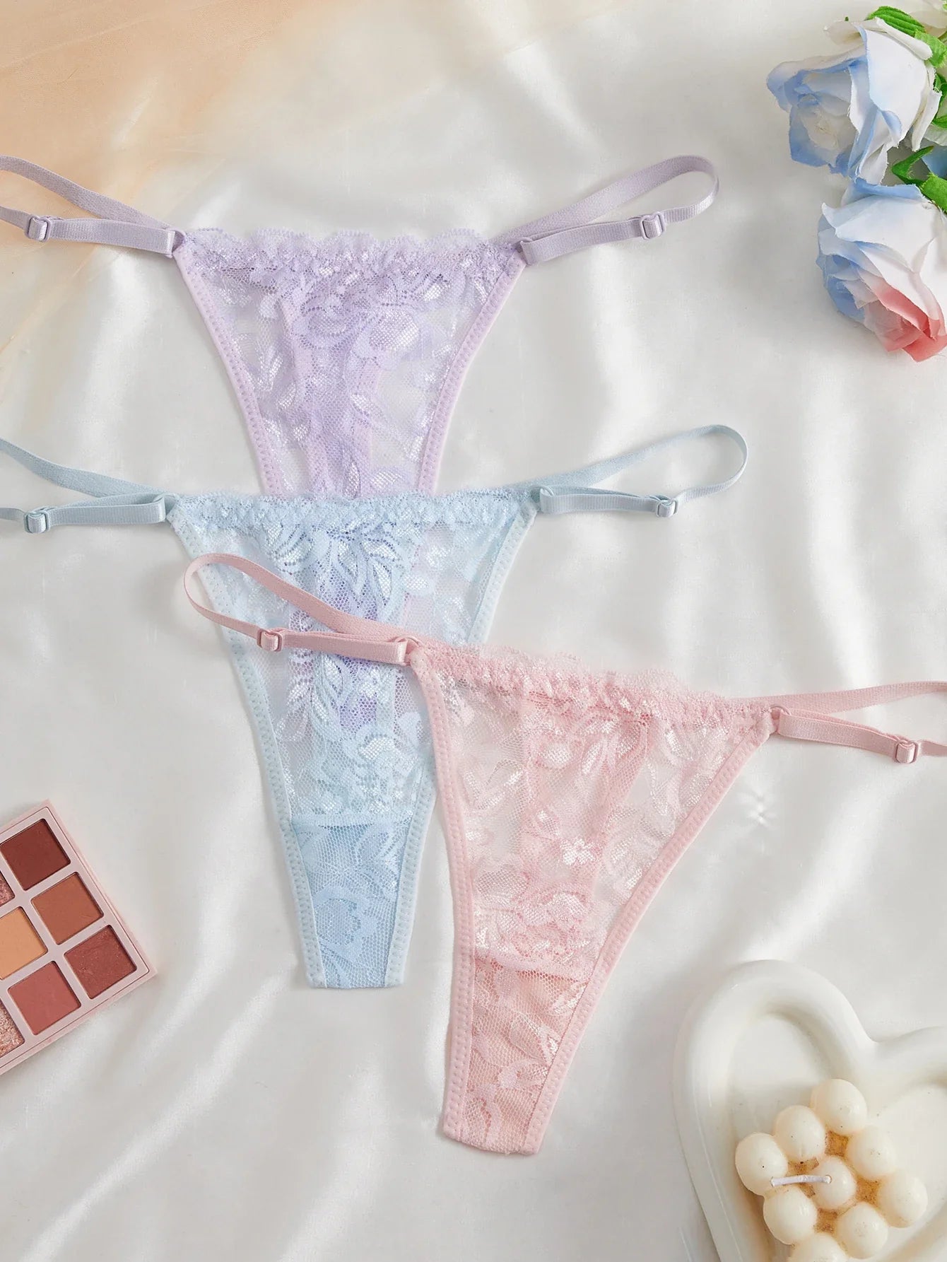 3-Pack Women's Sexy Lace Panties Underwear, Adjustable Strap Floral Lace Sheer Mesh Sexy Thong