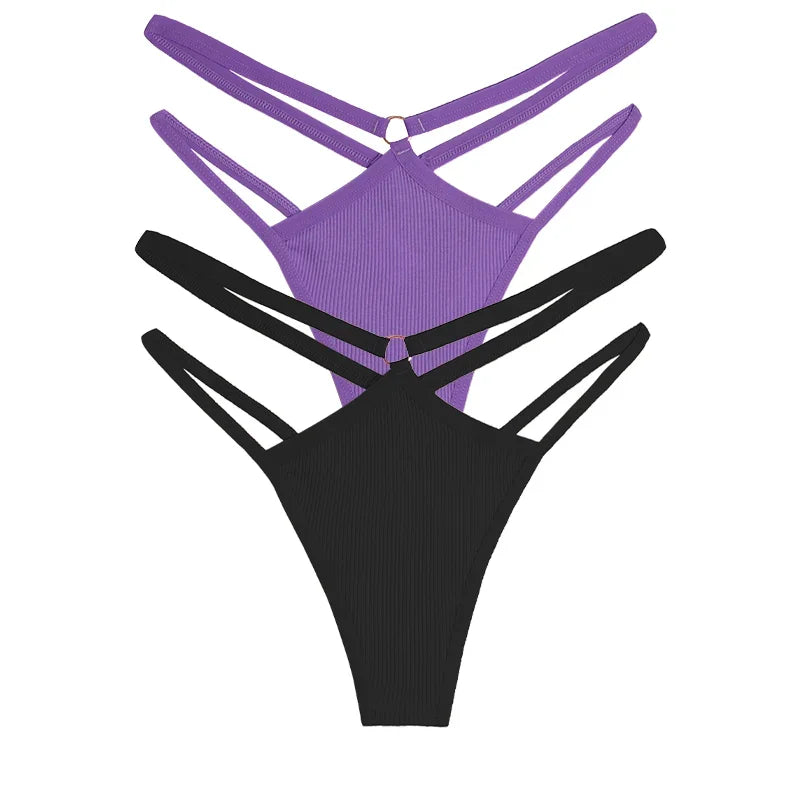 2PCS Women Sexy Cotton Panties Two Belts Hollow Out G-String Thongs Breathable Underwear for Female Solid Color Lingerie S-XL