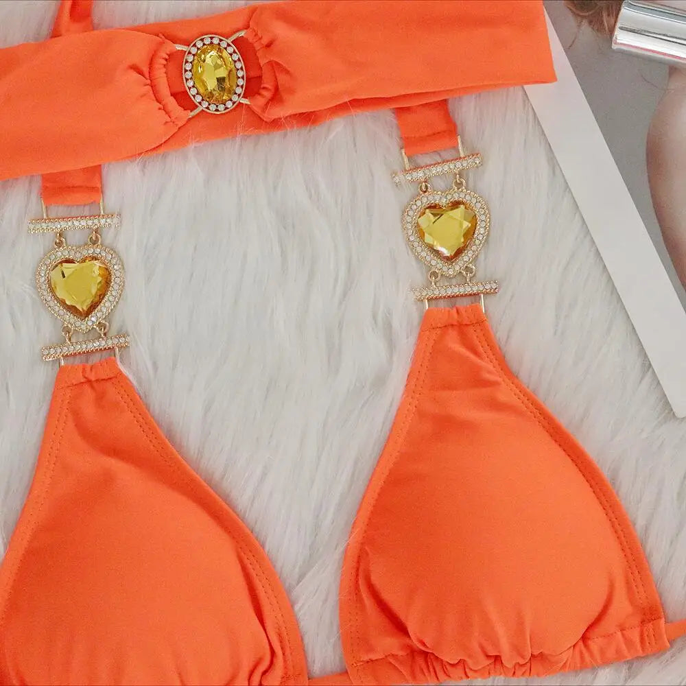 Sexy Rhinestones Bikini Set 2025 Women Red Pink Glitter Diamond Metal Chain Thong Swimwear Bathing Suit Band 3 Piece Swimsuit