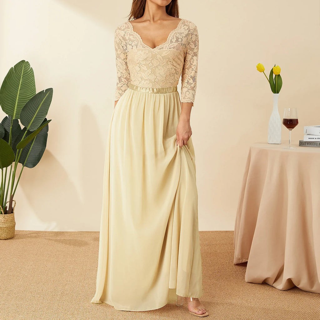 Elegant Lace Chiffon A-Line Long Dresses Women Wedding Dress Bridesmaid Dresses V-neck Mid-Sleeve Backless Zipper Female Dress