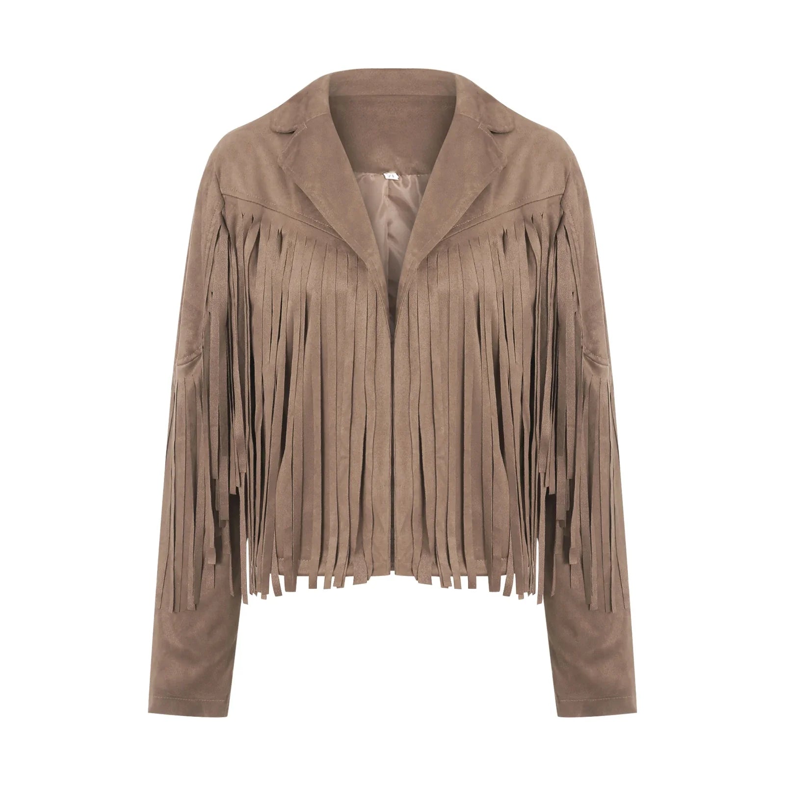 Women Spring Autumn Slim Long Sleeve Open Front Coat Solid Color Collared Jacket with Tassels Black/ Coffee/ Pink