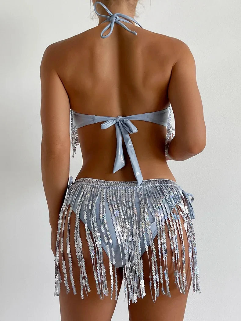 Shiny Glitter Bikini Set 2025 Women Sexy Bandeau Push Up Sequin Tassel Swimsuit Ladies Beach Bathing Suit High Waist Swimwear