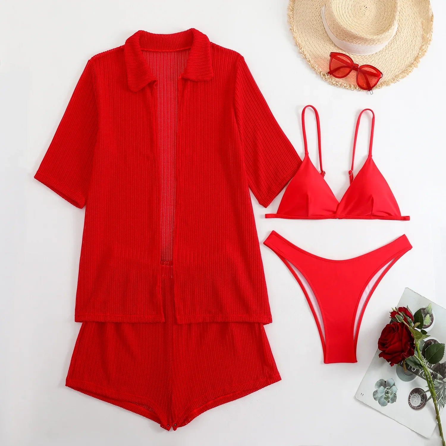 Summer 4 Piece Bikinis Sets Women Black White Mesh Half Sleeve Cover Up with High Waist Panties Swimsuit Bathing Suit Swimwear