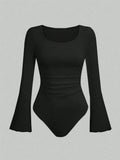 Women's Solid Color Ruffle Hem Flare Long Sleeve Bodysuit Autumn Winter 2024 Round Neck Plain Ruched Slim Fit Romper Top