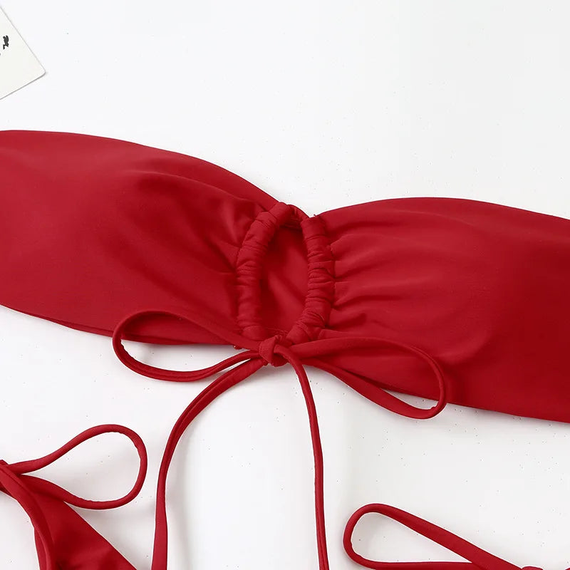 Sexy Bandeau Bikini Swimwear Women Red Black Pleate Lace Up Swimsuit 2024 Cut Out Beach Bathing Suit Tie Side Thong Bikinis Sets