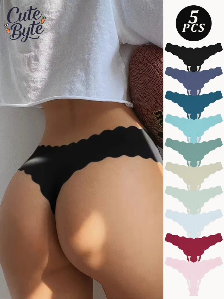 5Pcs Seamless Full-Body Fan-Shaped Wave Decorative Briefs Sexy Thongs Comfortable Breathable Stretch Underwear Women's Lingerie