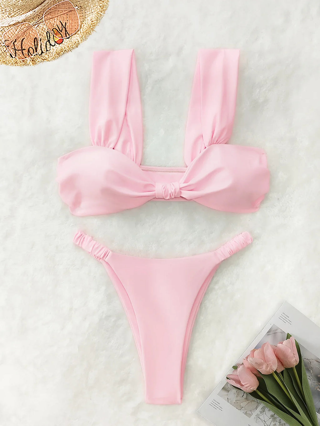 2026 Swimwear Women Halter Low Cut Bikini Set Solid Pleated Split Swimsuit Sexy Thongs Summer New Holiday Bathing Suit