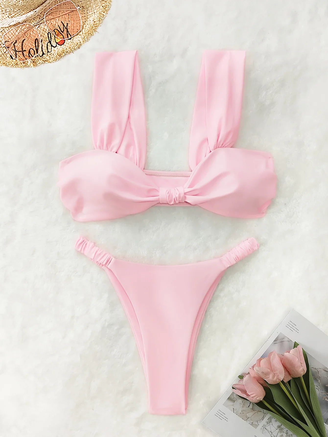 2026 Swimwear Women Halter Low Cut Bikini Set Solid Pleated Split Swimsuit Sexy Thongs Summer New Holiday Bathing Suit