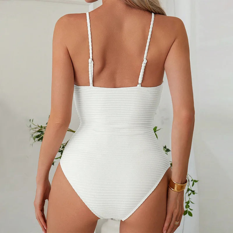 Sexy White Black Swimwear Women 2026 Deep V Neck Hollow Out Ring Linked Slim Fit One Piece Swimsuit Beach Bathing Suit Monokini