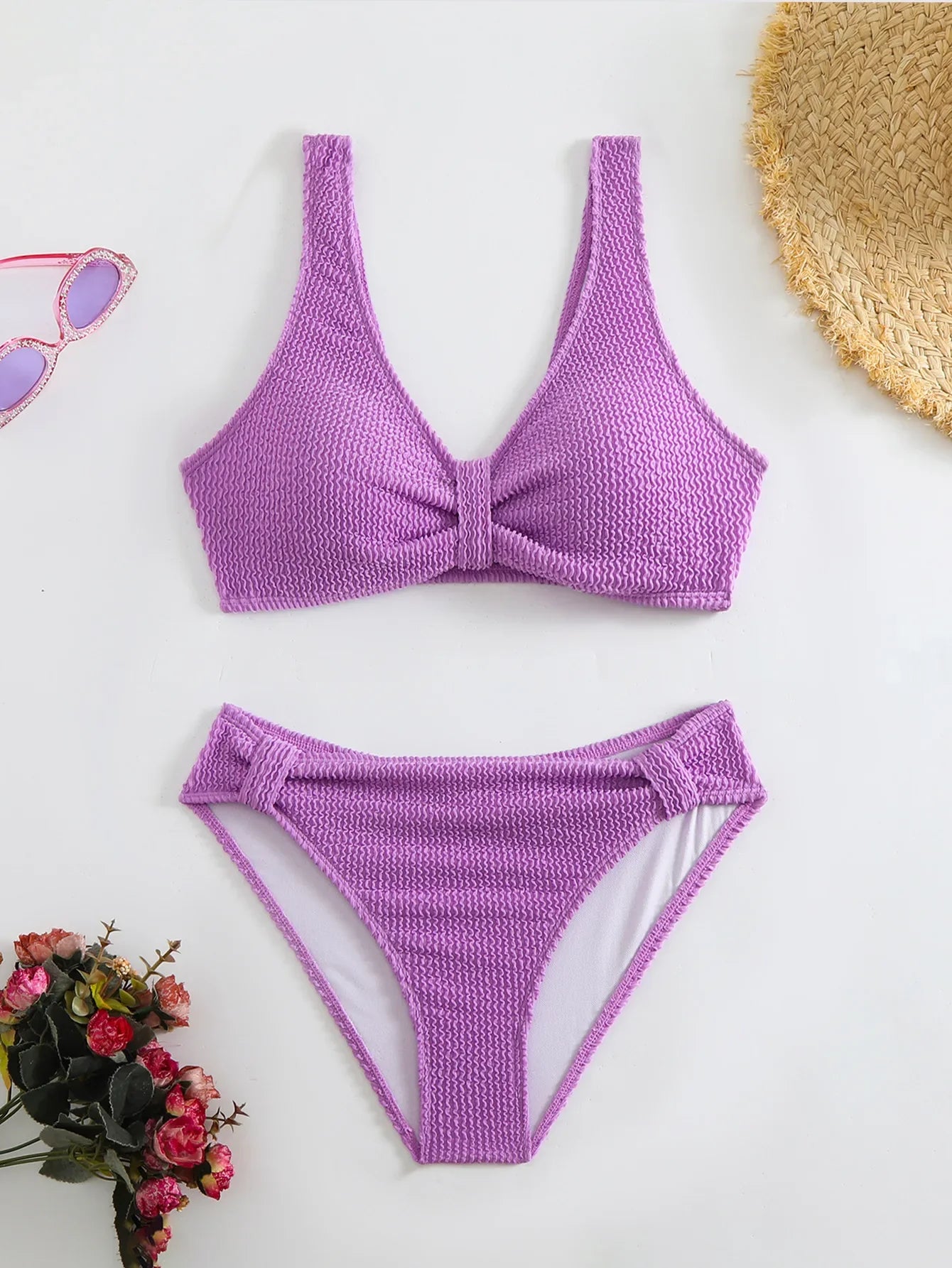2026 New Sexy Bikini Two-Piece Swimsuit Pure Color High Elasticity Monochromatic Swimwear Comfortable Fit Women's Beachwear